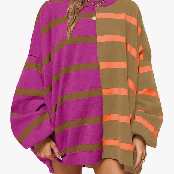 Amazon Sweaters - Amazon Women's Striped Crew Neck Sweater - Purple and Orange